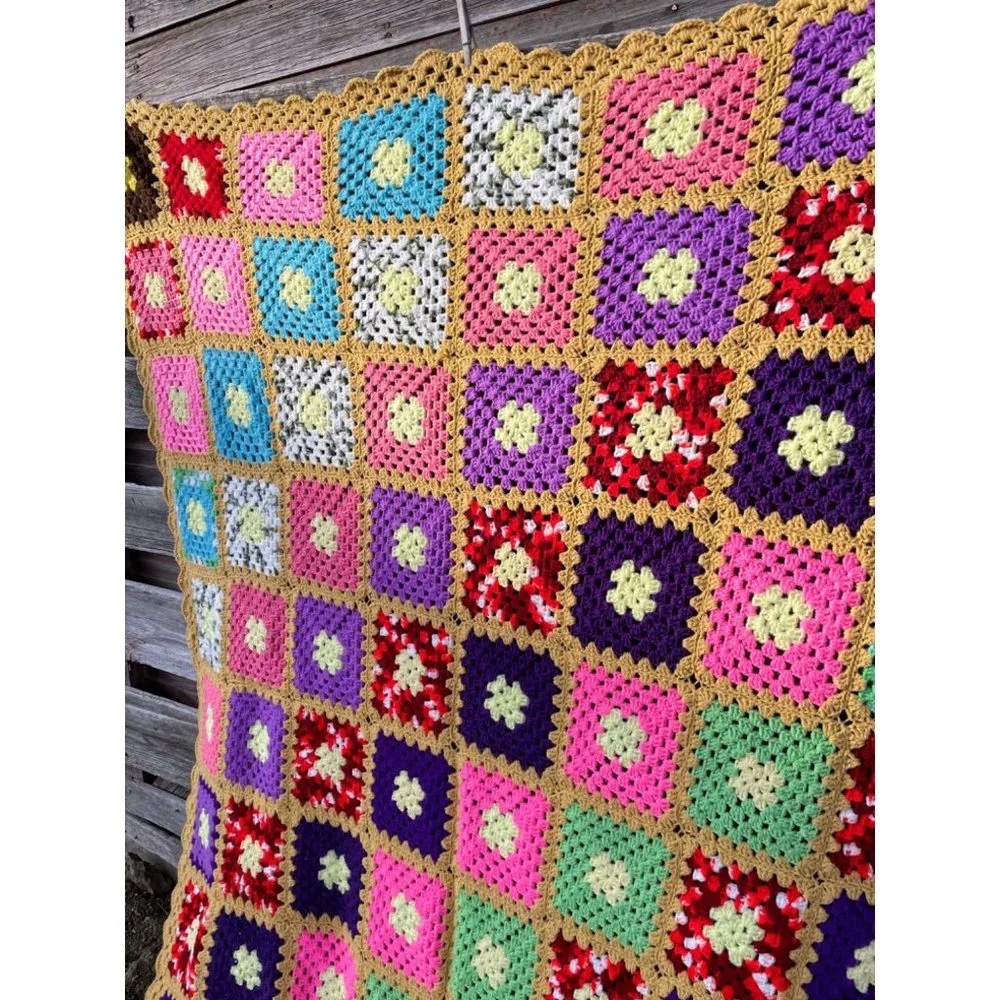Vintage Colorful Granny Square Crochet Afghan 75x56" - Picture 4 of 16